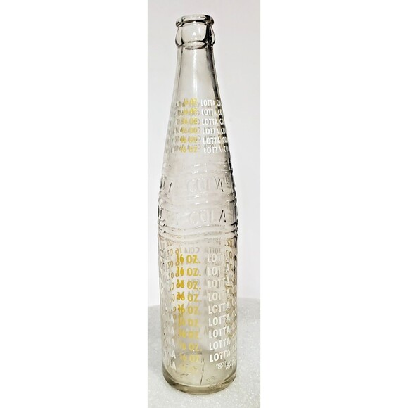 Vintage LOTTA COLA 16oz Clear Glass ACL Soda Bottle Yellow White Lettering - Picture 2 of 16